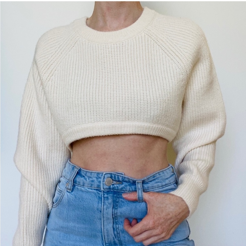 Storets Ivory Rib Knit Crop Sweater Long Sleeve S
